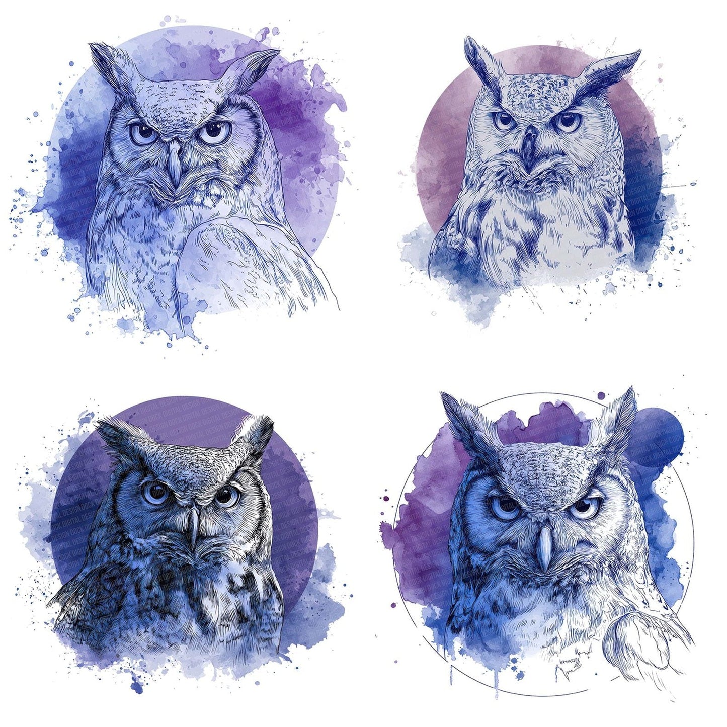 Watercolour Splash Owl Head Clipart Set (DDD007361)