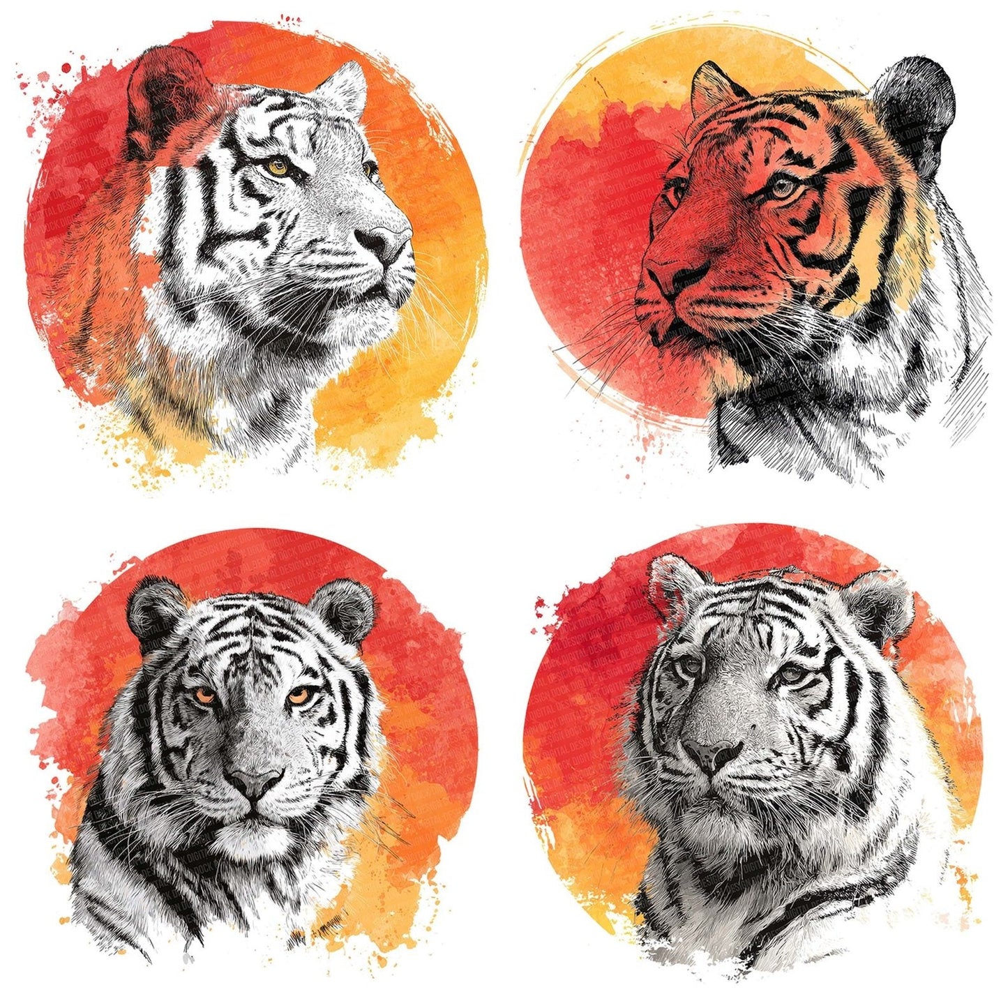 Watercolour Splash Tiger Head Clipart Set (DDD007362)