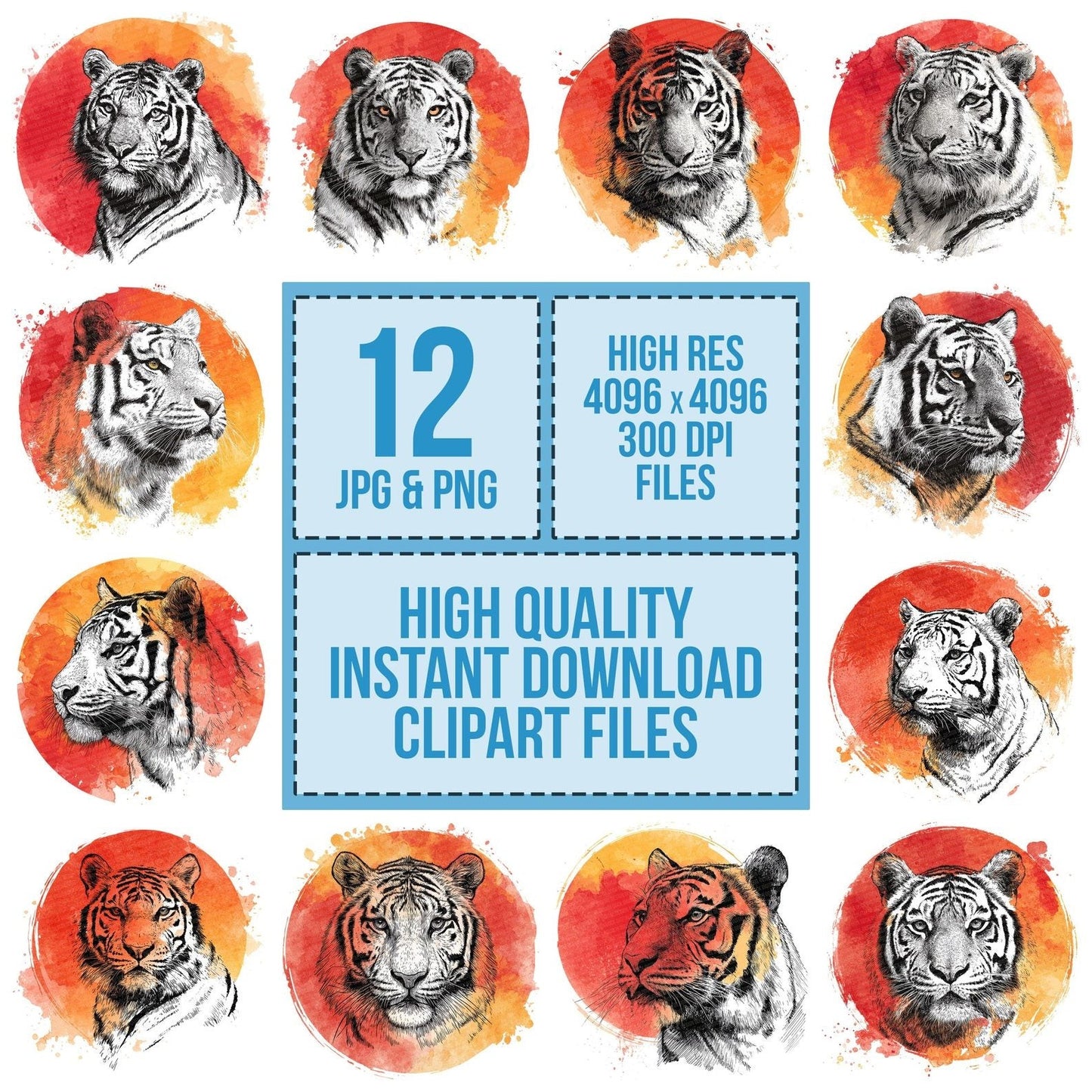 Watercolour Splash Tiger Head Clipart Set (DDD007362)