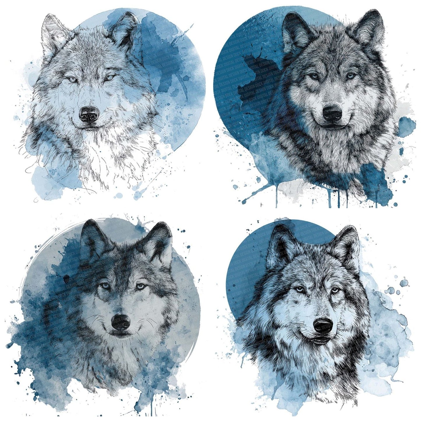 Watercolour Splash Wolf Head Clipart Set (DDD007363)