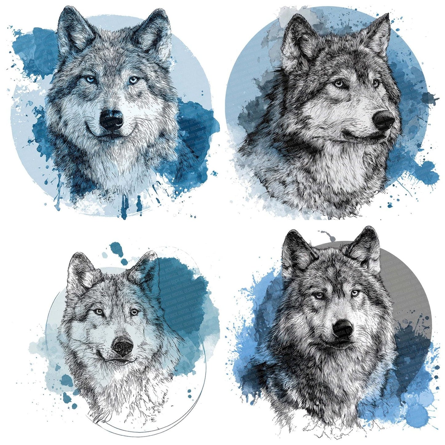 Watercolour Splash Wolf Head Clipart Set (DDD007363)