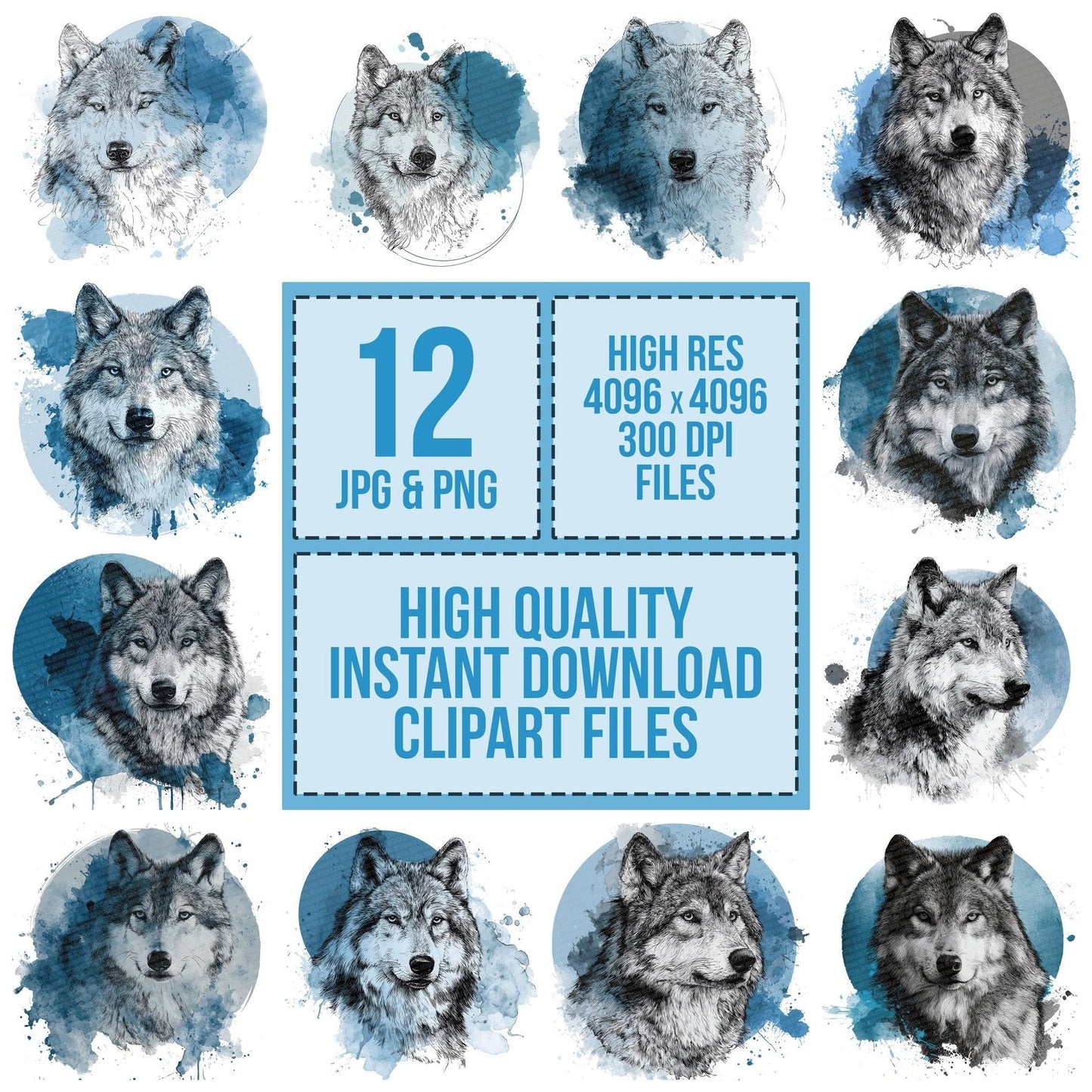 Watercolour Splash Wolf Head Clipart Set (DDD007363)