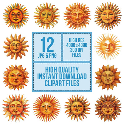 Watercolour Sun Face clipart set cover showing the designs and file details