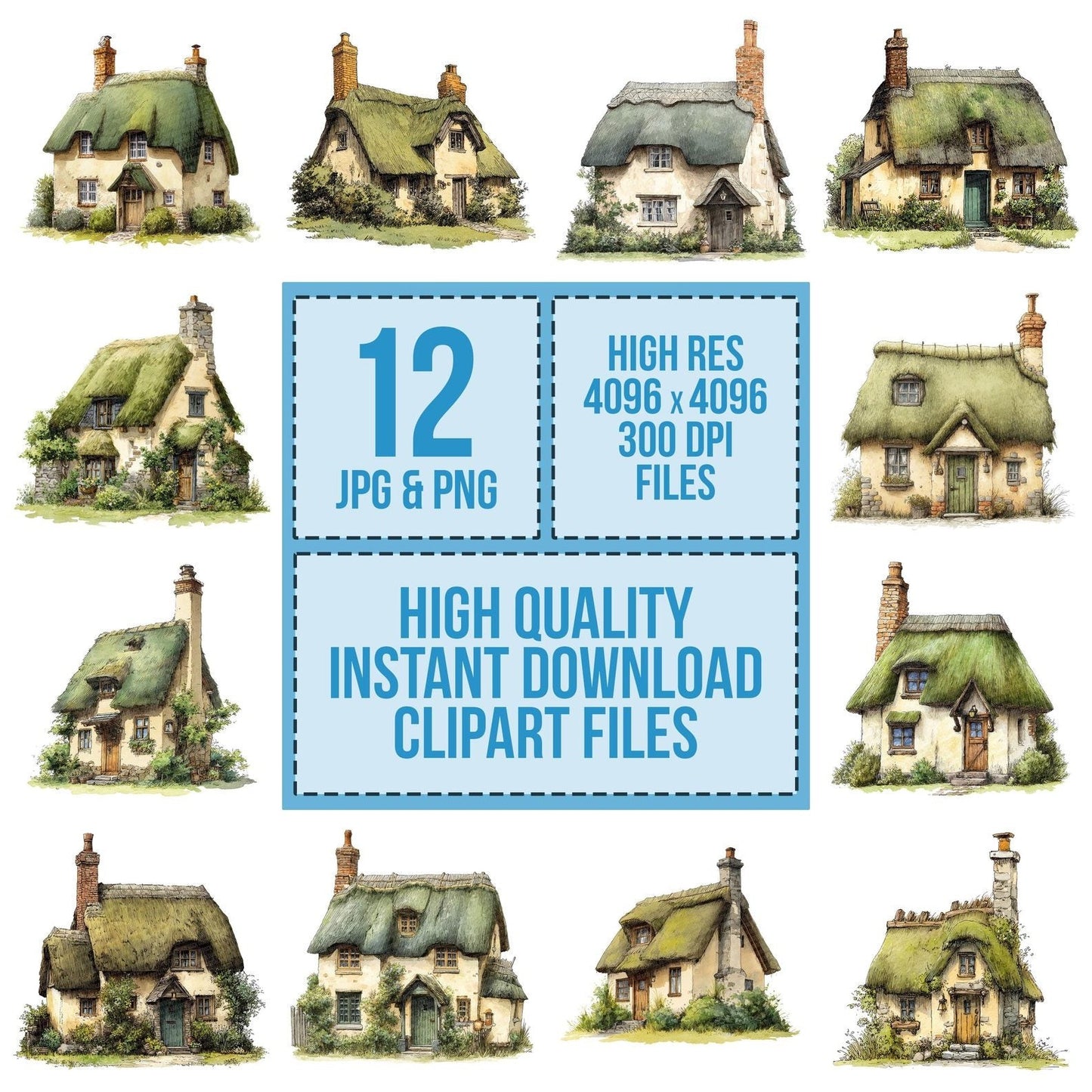 Watercolour Thatched Cottage Clipart Set (DDD007393)