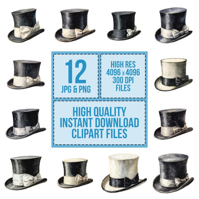 Watercolour Top Hat clipart set cover showing the designs and file details