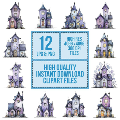 Watercolour Whimsical House clipart set cover showing the designs and file details