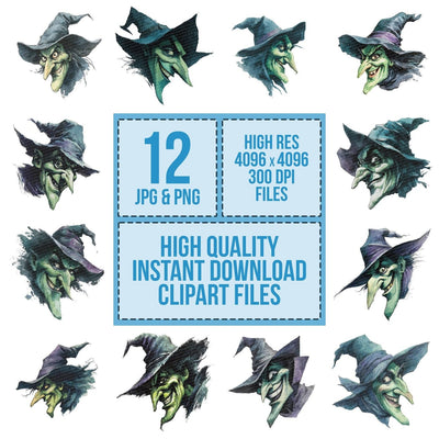 Watercolour Wicked Witch clipart set cover showing the designs and file details