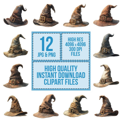 Watercolour Witch Hat clipart set cover showing the designs and file details