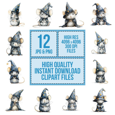Watercolour Wizard Mouse clipart set cover showing the designs and file details