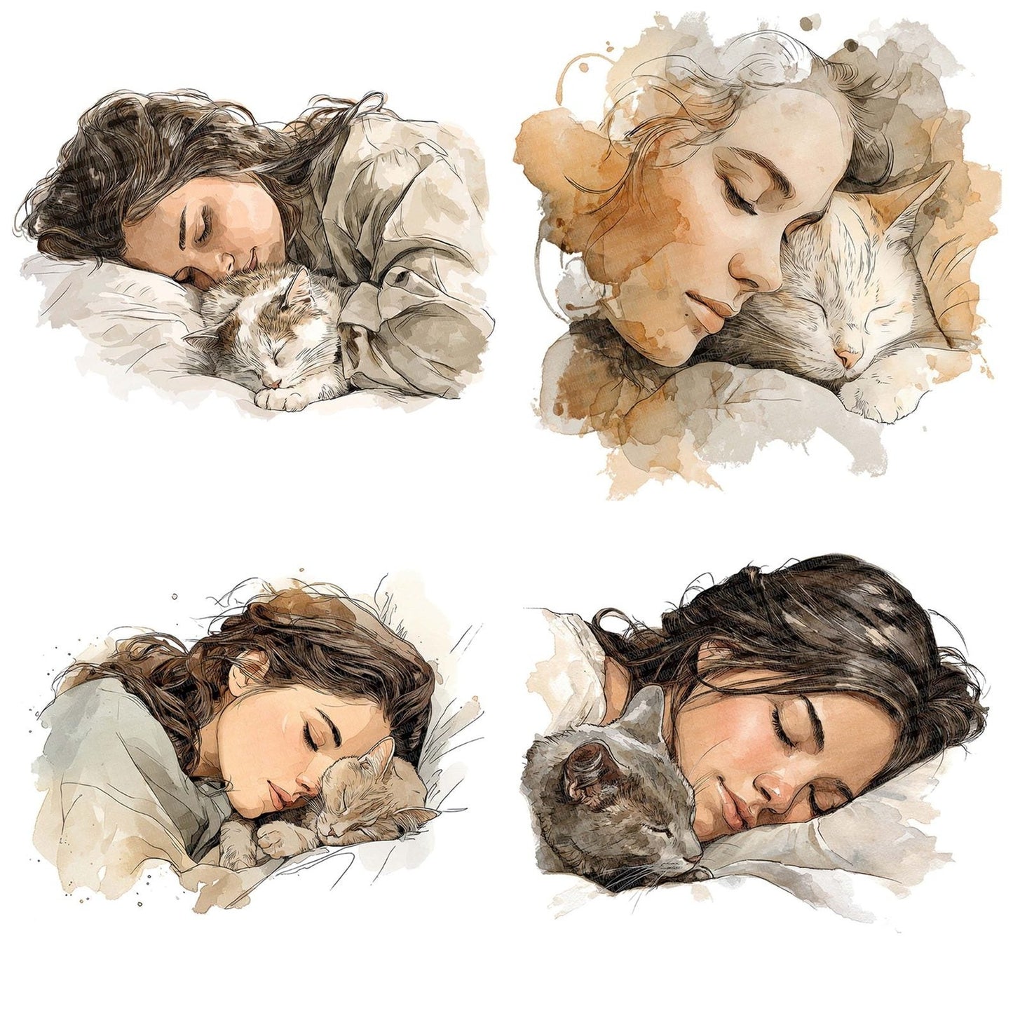 Watercolour Woman Sleeping with Cat Clipart Set (DDD007432)