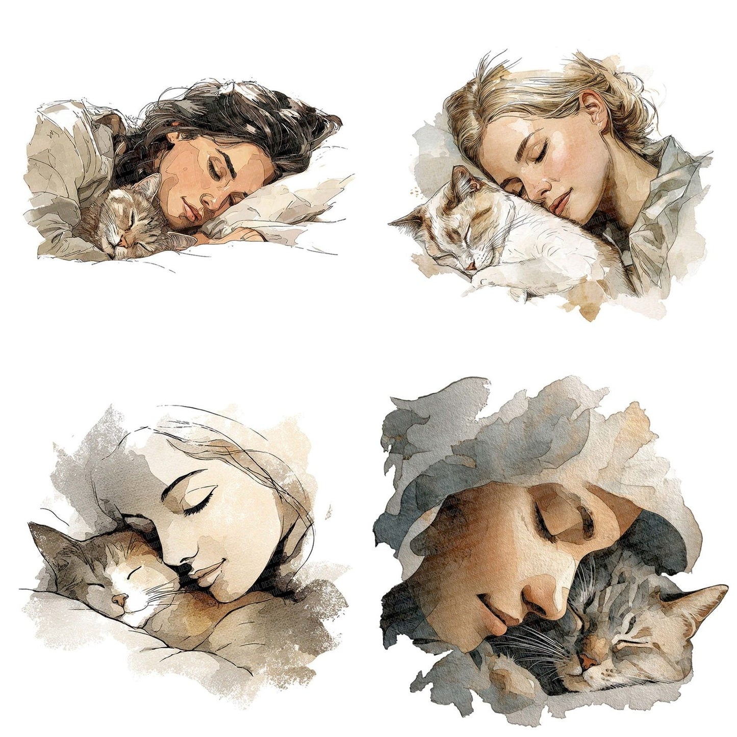 Watercolour Woman Sleeping with Cat Clipart Set (DDD007432)