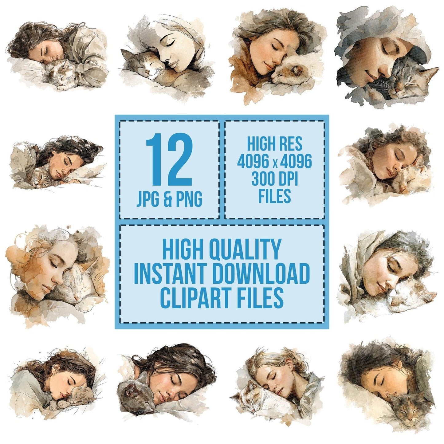 Watercolour Woman Sleeping with Cat Clipart Set (DDD007432)