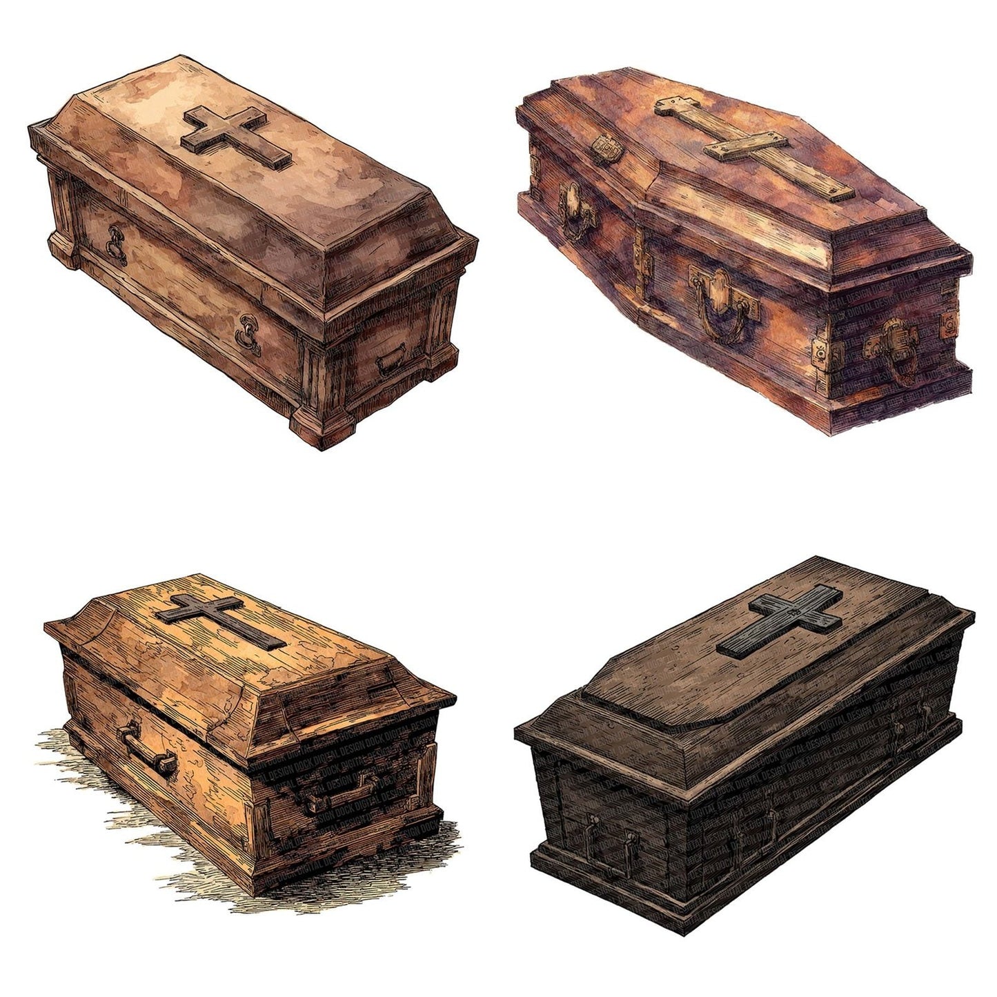 Watercolour Wooden Coffin Clipart Set (DDD007434)