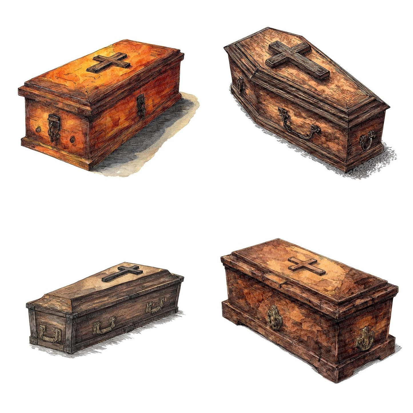 Watercolour Wooden Coffin Clipart Set (DDD007434)
