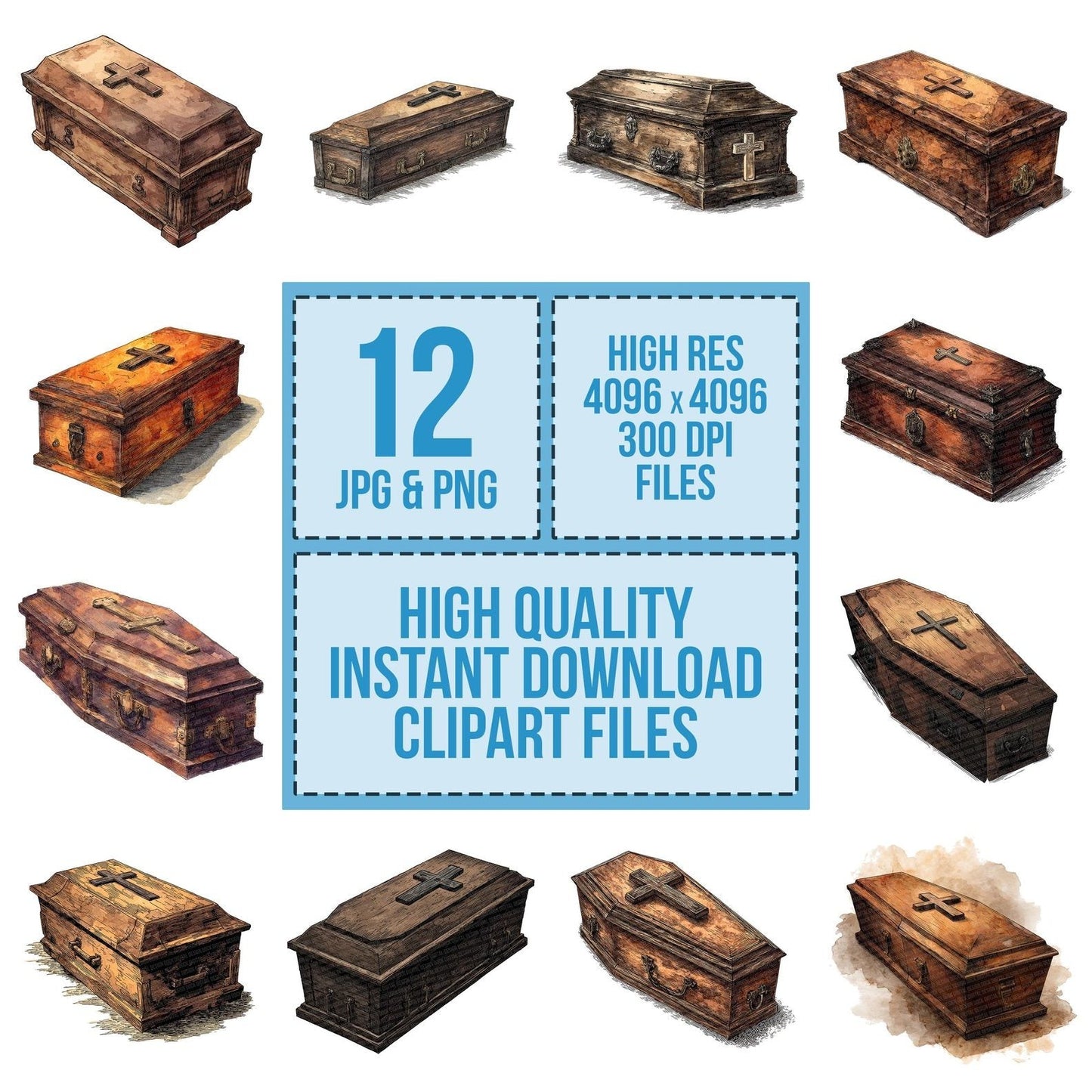 Watercolour Wooden Coffin Clipart Set (DDD007434)