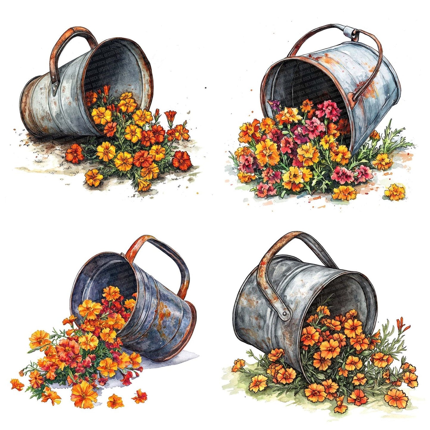 Watering Pail with Spilled Flowers Clipart Set (DDD007446)