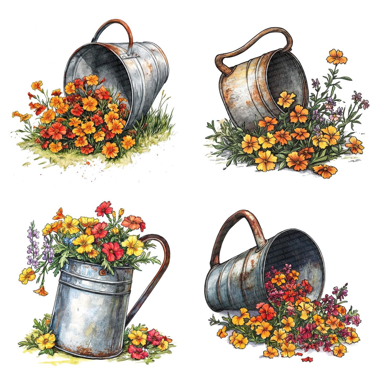 Watering Pail with Spilled Flowers Clipart Set (DDD007446)