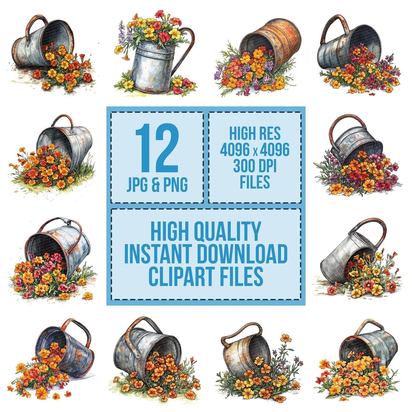 Watering Pail with Spilled Flowers Clipart Set (DDD007446)