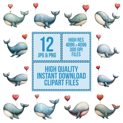 Whale Heart Balloon clipart set cover showing the designs and file details