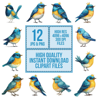 Whimsical Bluebird Crown clipart set cover showing the designs and file details