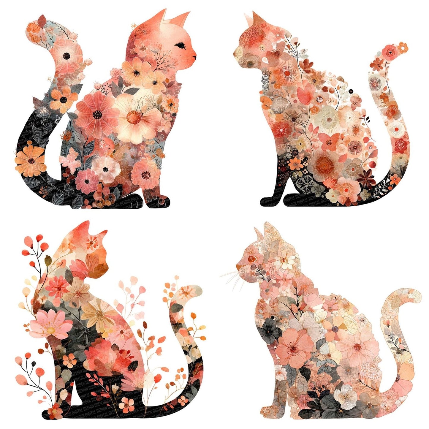 Whimsical Floral Cat Clipart Set (DDD007454)