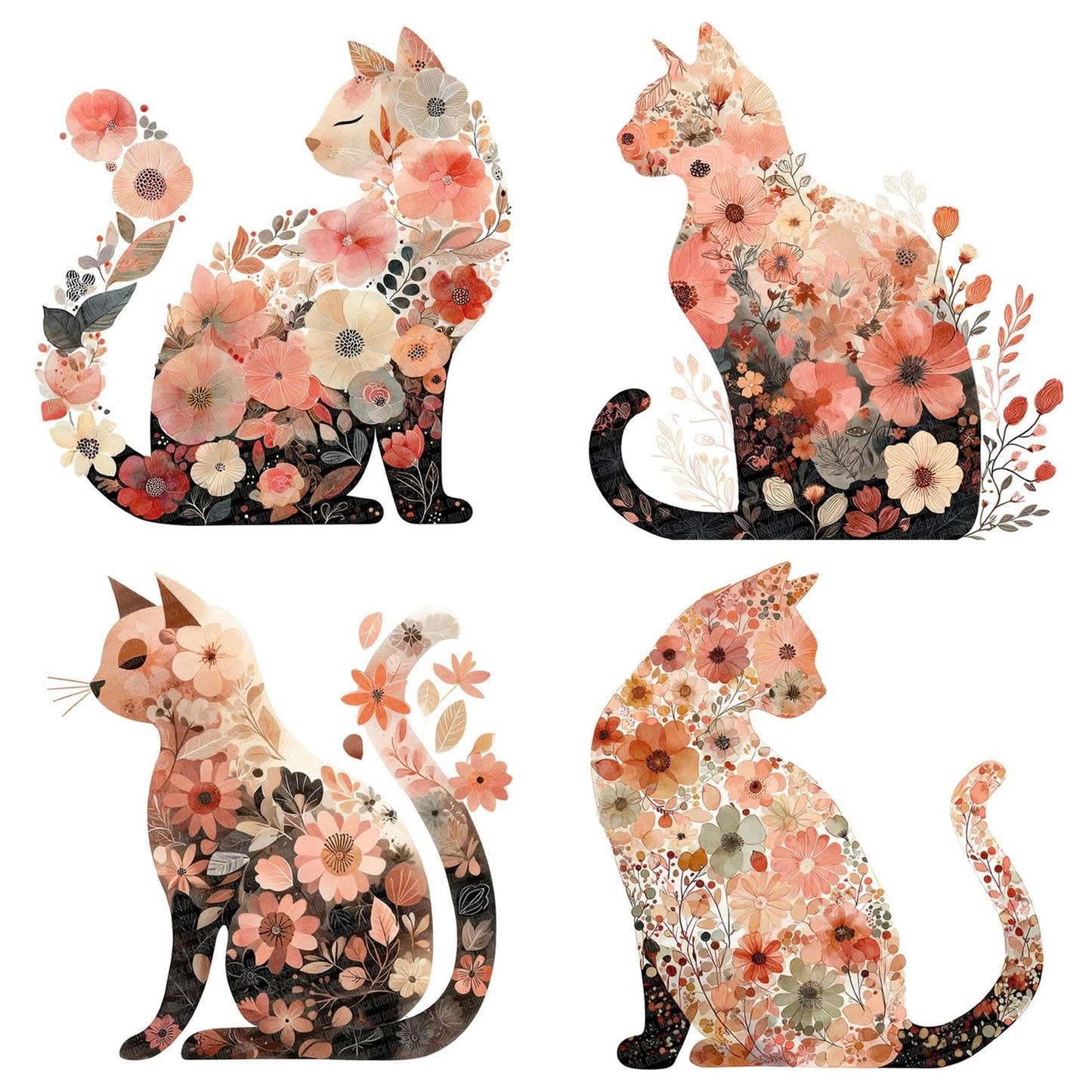 Whimsical Floral Cat Clipart Set (DDD007454)
