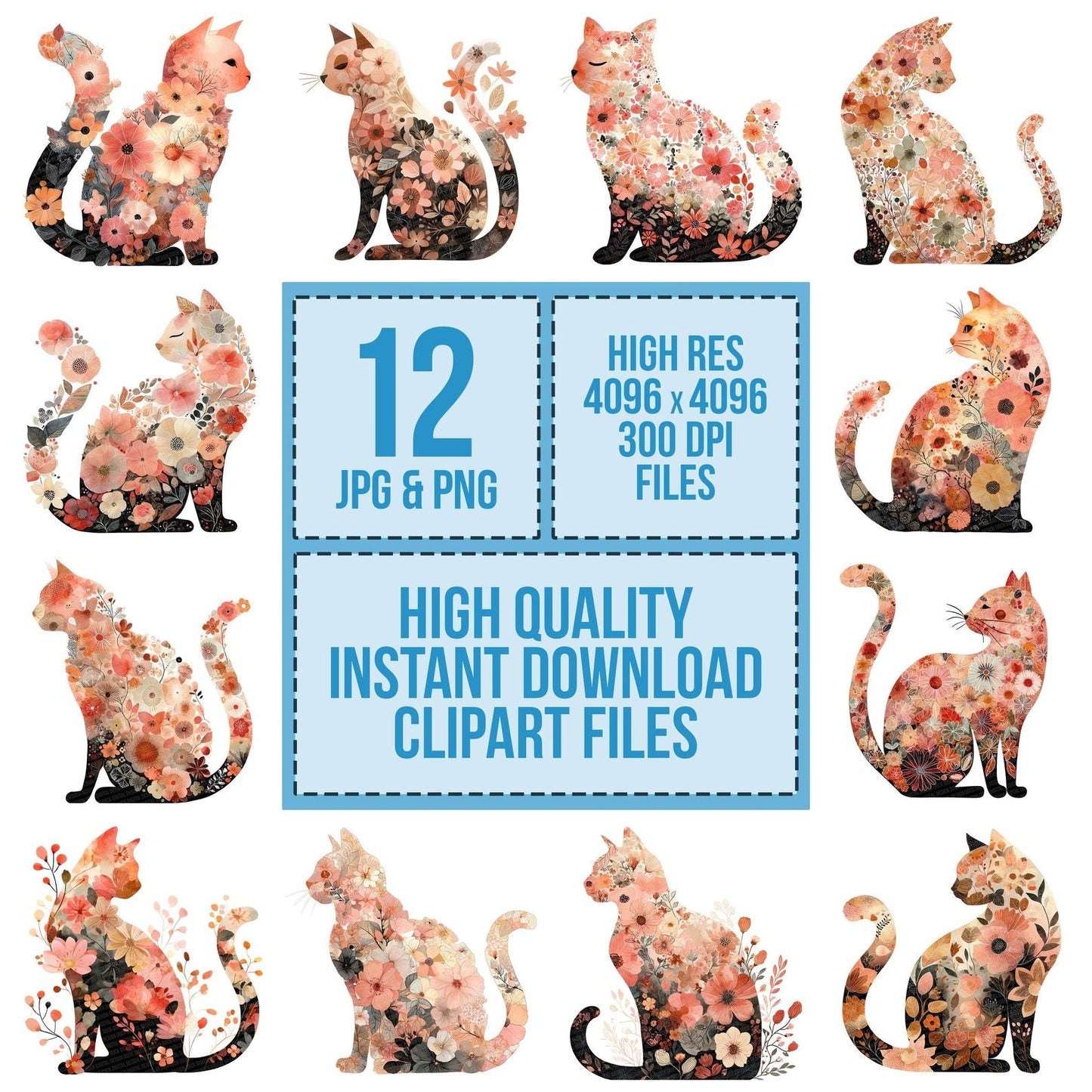 Whimsical Floral Cat Clipart Set (DDD007454)