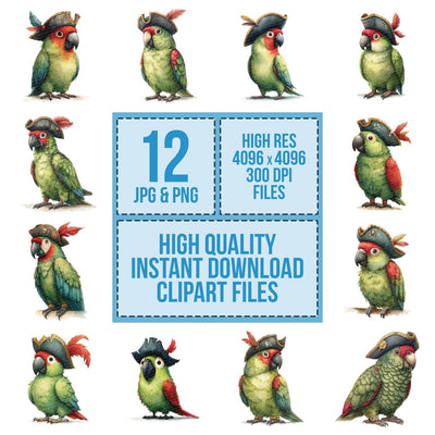 Whimsical Parrot Pirate Hat clipart set cover showing the designs and file details