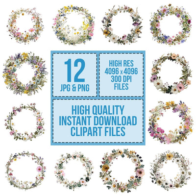 Wildflower Meadow Wreath clipart set cover showing the designs and file details