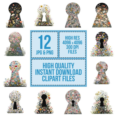Wildflower Secret Garden Keyhole clipart set cover showing the designs and file details