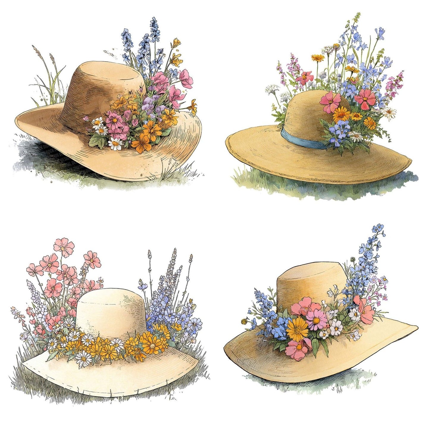Wildflower Straw Hat Clipart Set (DDD007508)