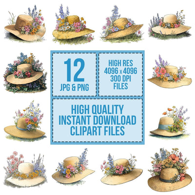 Wildflower Straw Hat clipart set cover showing the designs and file details