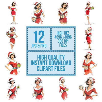 Woman in Red Christmas Dress Clipart Set (DDD007547)