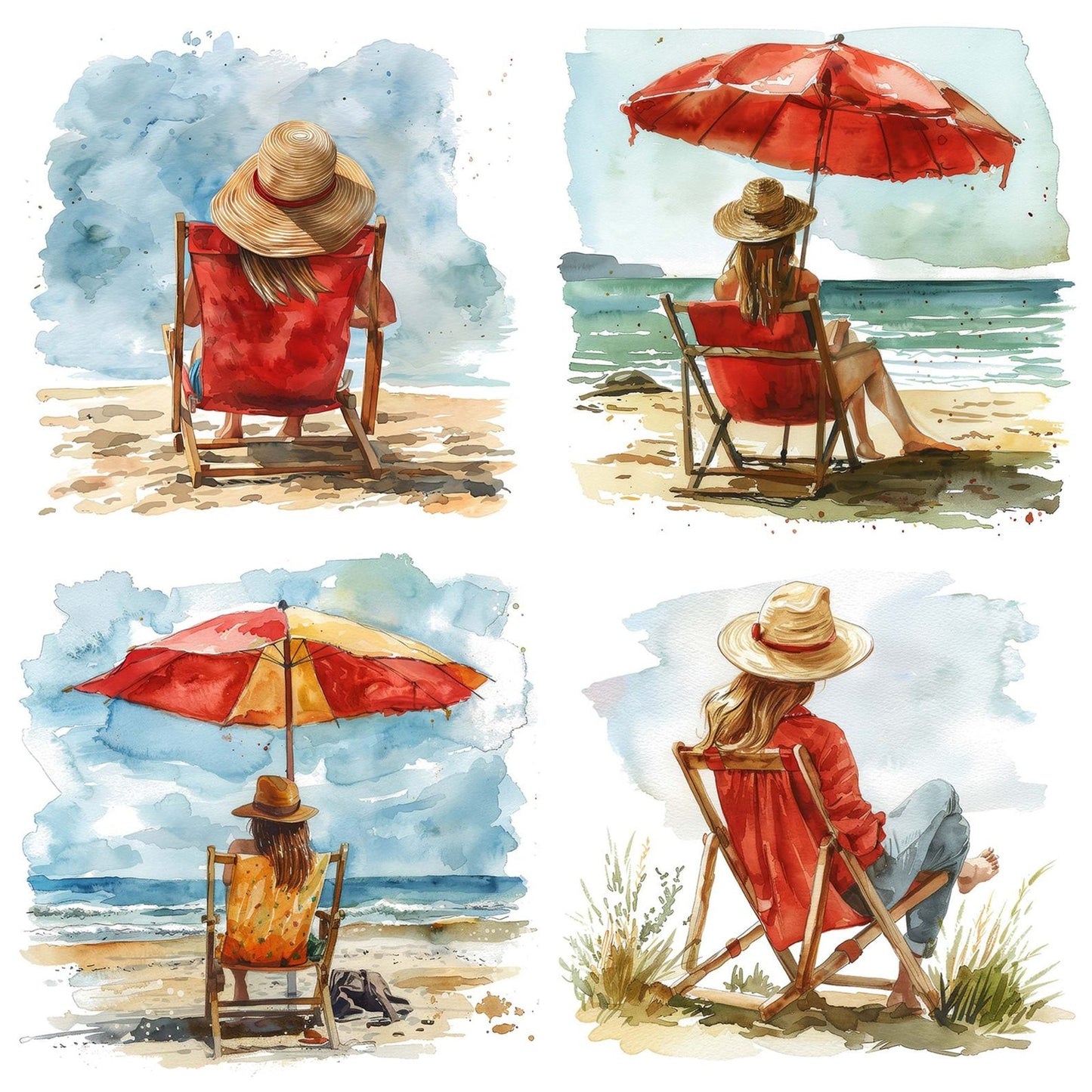 Woman on Beach Deck Chair Clipart Set (DDD007549)