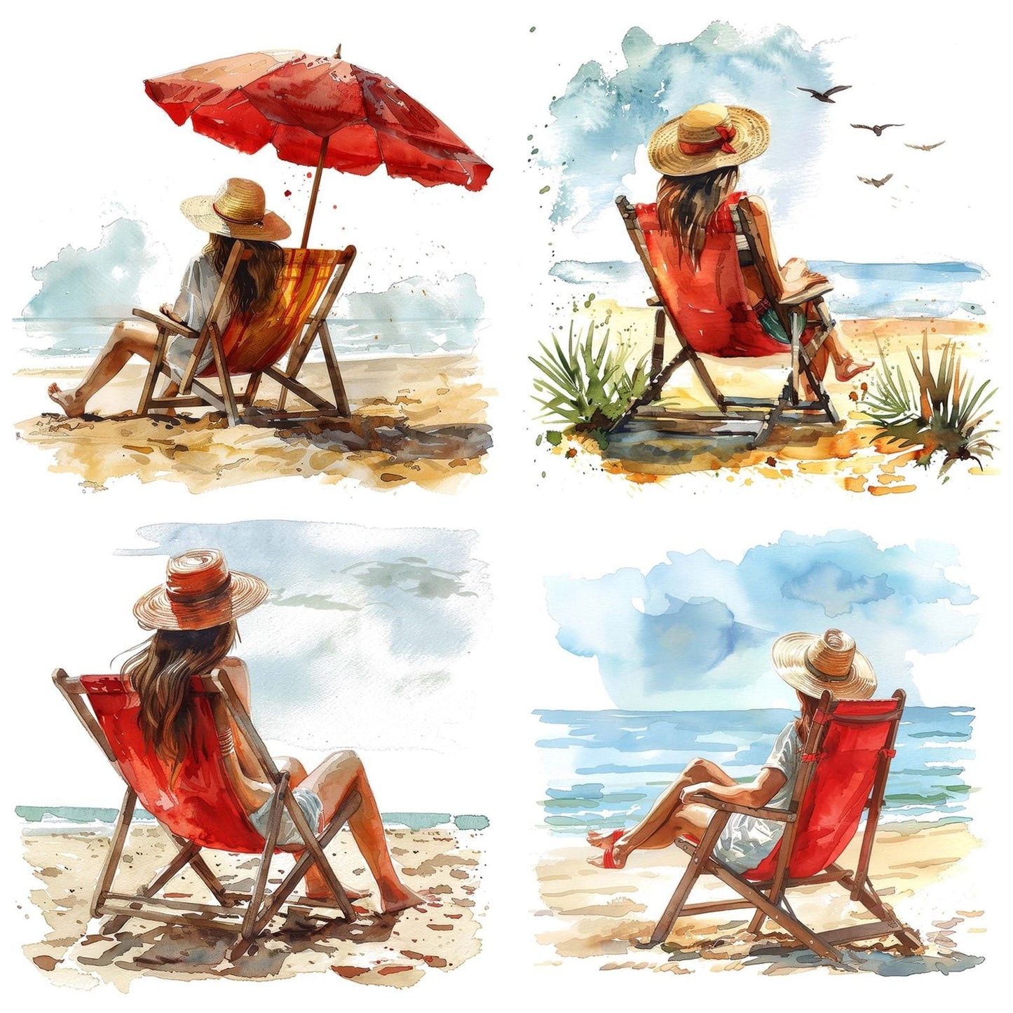 Woman on Beach Deck Chair Clipart Set (DDD007549)