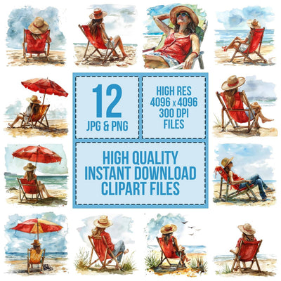 Woman on Beach Deck Chair Clipart Set (DDD007549)