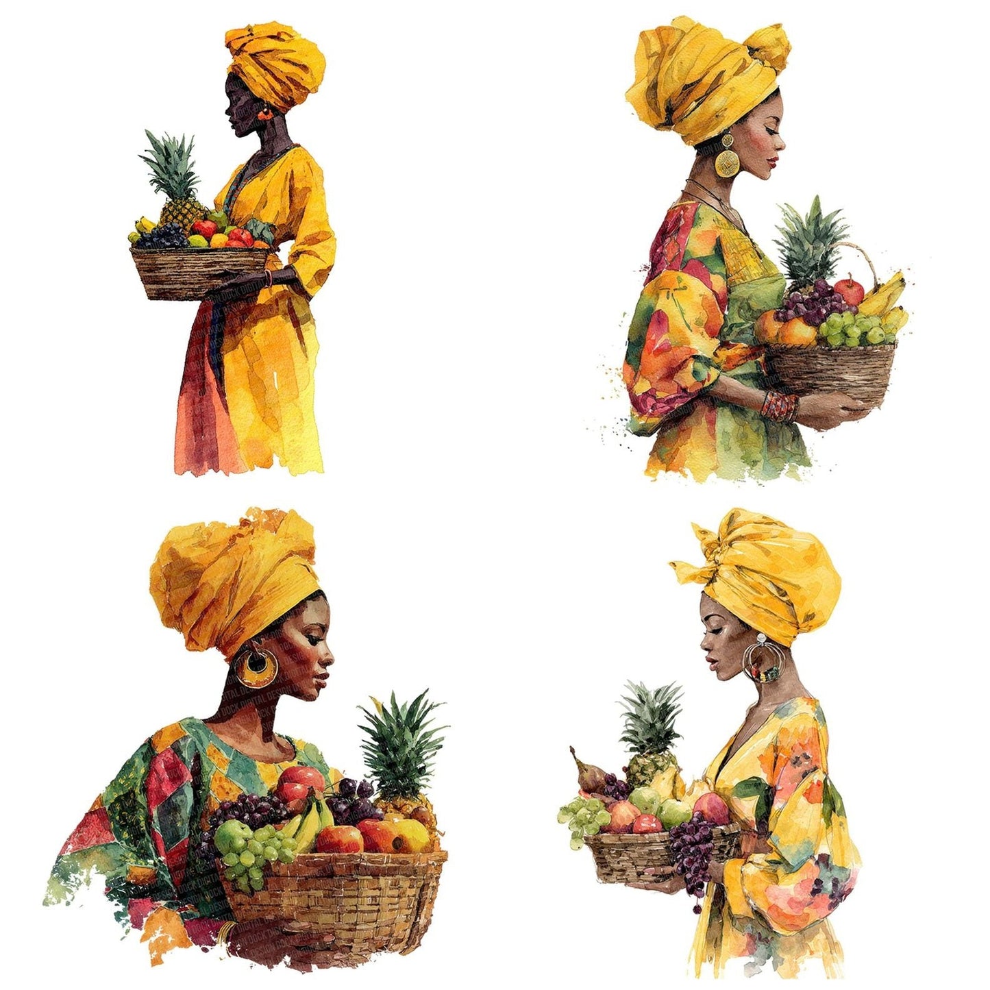 Woman with Basket of Tropical Fruit Clipart Set (DDD007563)