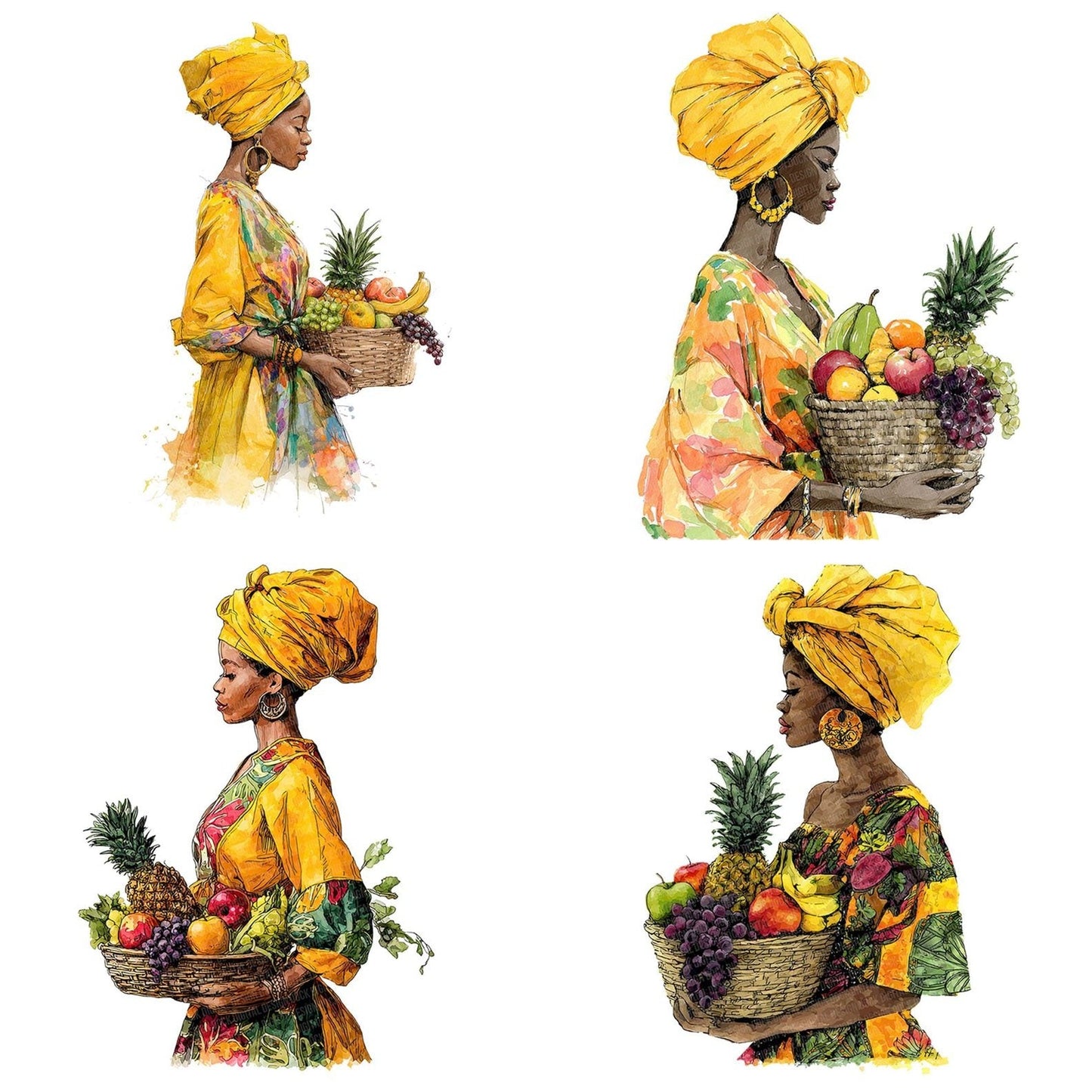 Woman with Basket of Tropical Fruit Clipart Set (DDD007563)