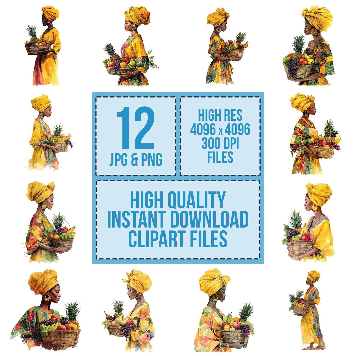 Woman with Basket of Tropical Fruit Clipart Set (DDD007563)