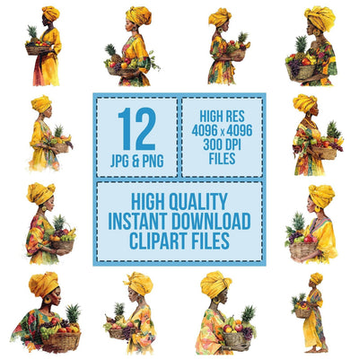 Woman with Basket of Tropical Fruit Clipart Set (DDD007563)
