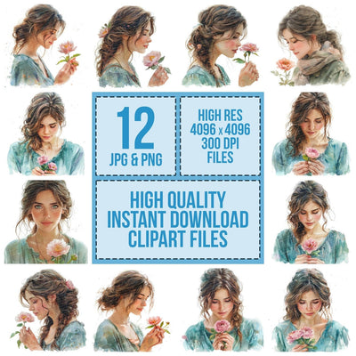 Woman with Single Flower Clipart Set (DDD007565)
