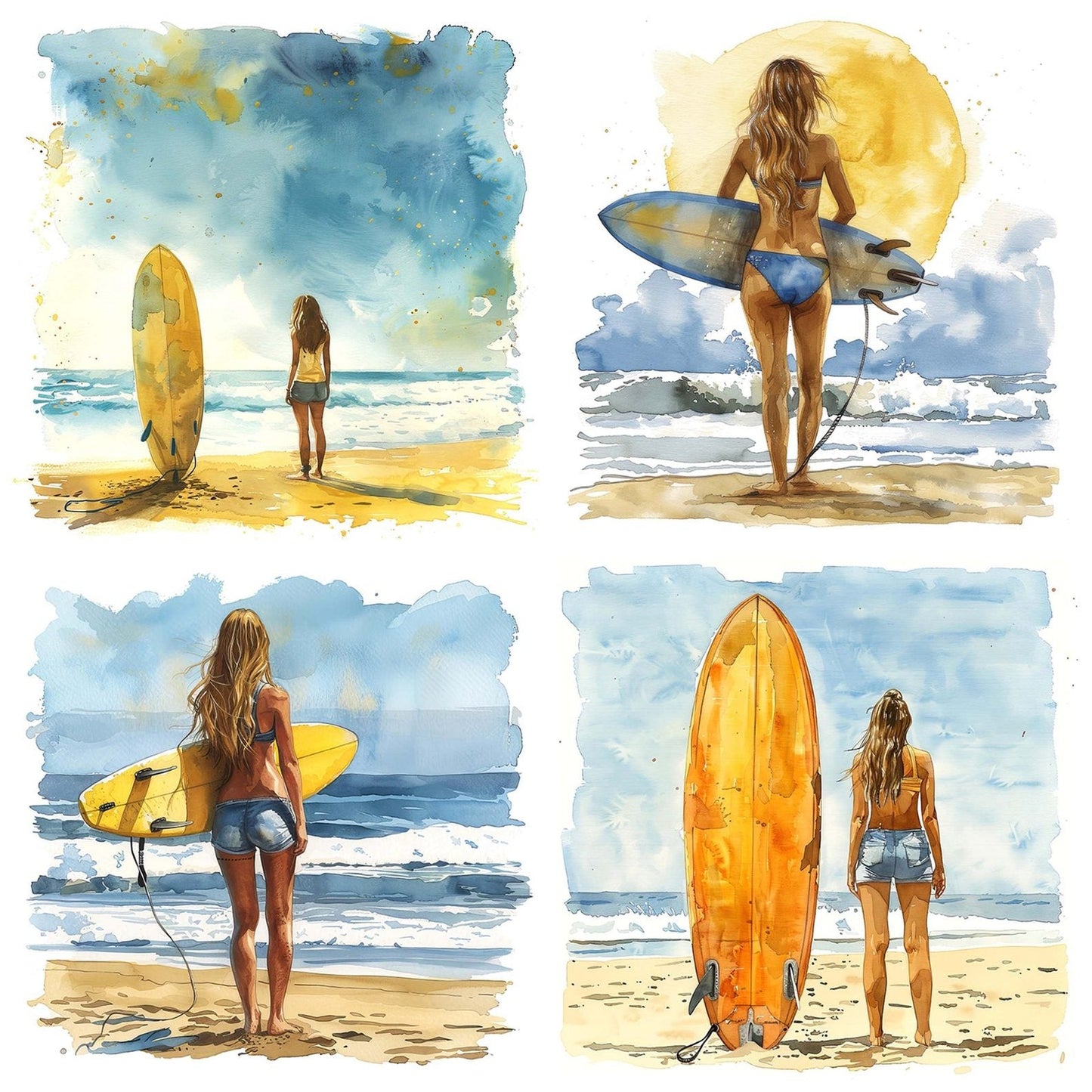 Woman with Surfboard on Beach Clipart Set (DDD007566)