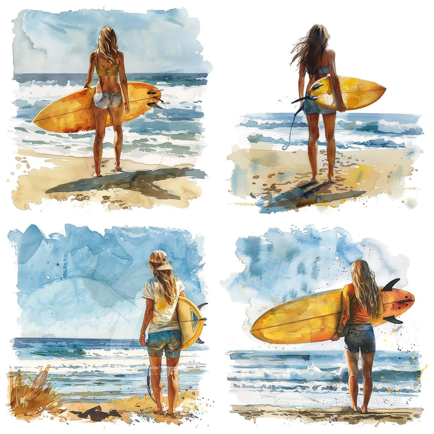 Woman with Surfboard on Beach Clipart Set (DDD007566)