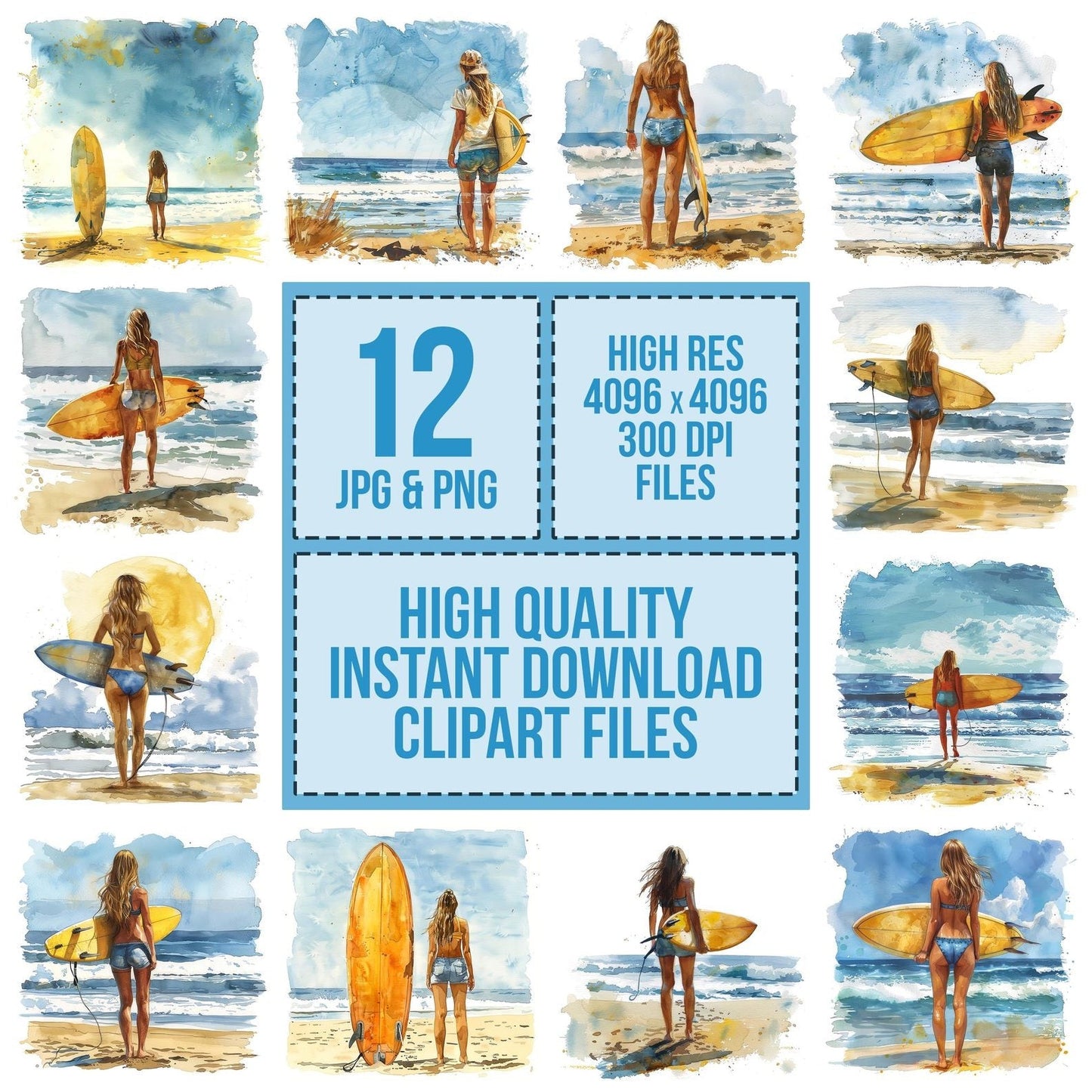 Woman with Surfboard on Beach Clipart Set (DDD007566)