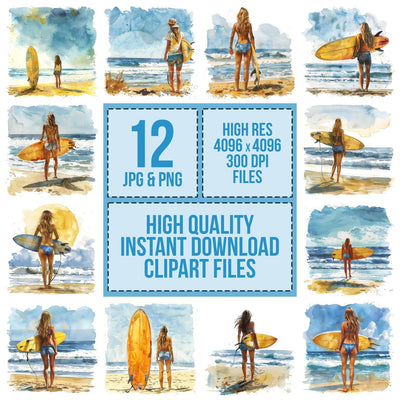 Woman with Surfboard on Beach Clipart Set (DDD007566)