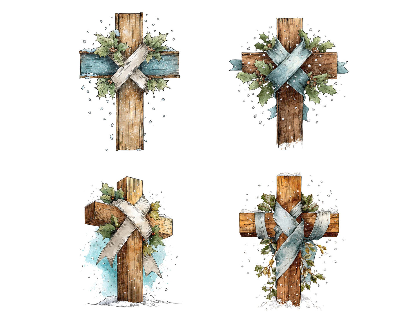 Wooden Cross with Holly and Snowflakes Clipart Set (DDD007570)