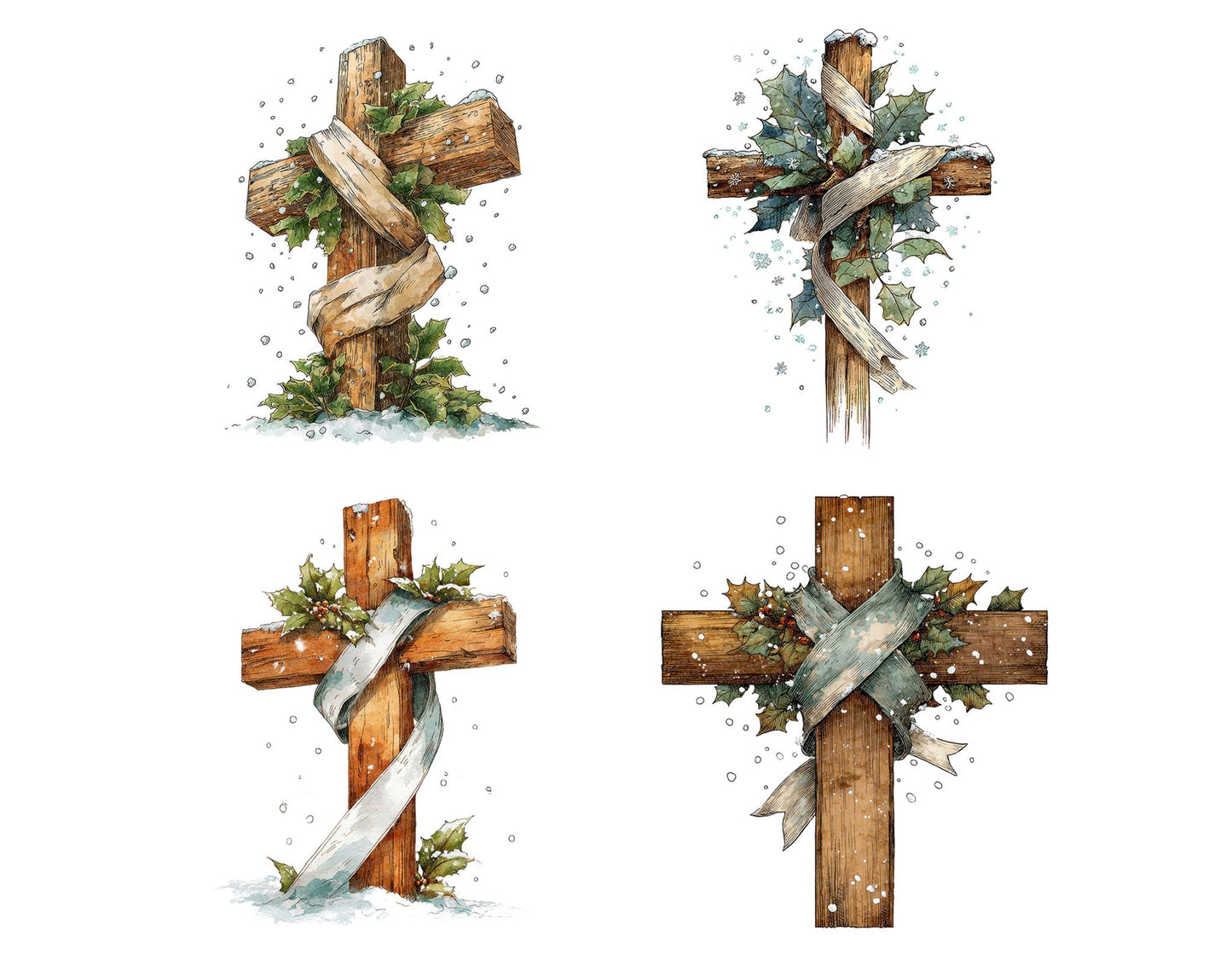 Wooden Cross with Holly and Snowflakes Clipart Set (DDD007570)