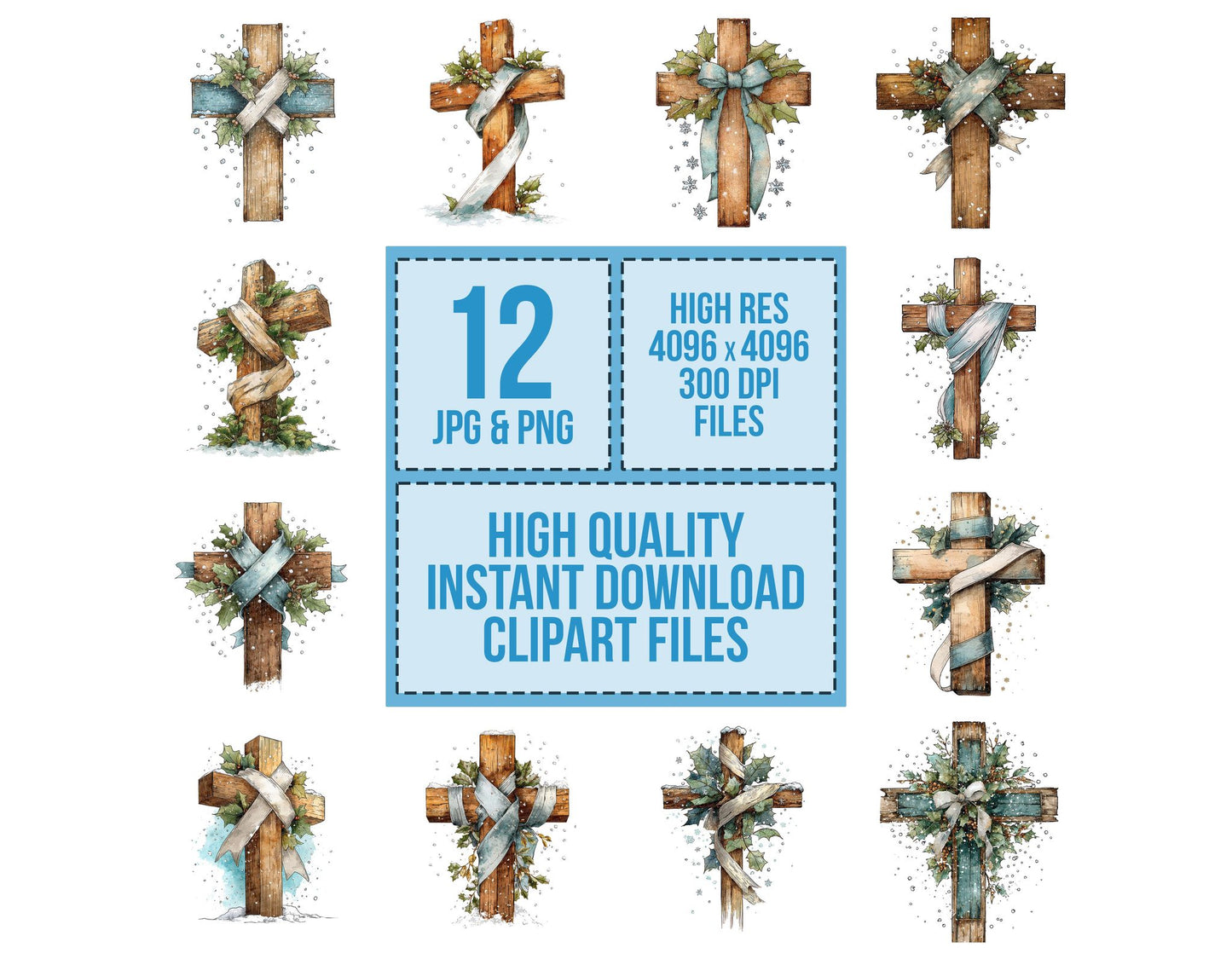 Wooden Cross with Holly and Snowflakes Clipart Set (DDD007570)