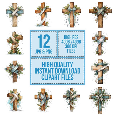 Wooden Cross with Holly and Snowflakes clipart set cover showing the designs and file details