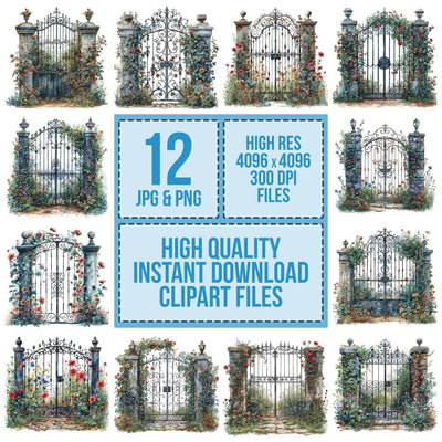 Wrought Iron Ornate Garden Gate clipart set cover showing the designs and file details